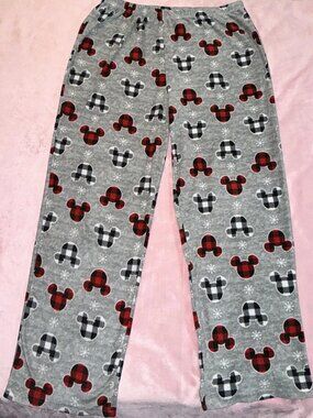 Disney Mickey Mouse Gray Fleece Red Plaid Cozy Comfy Pajama Pants Sz L.
